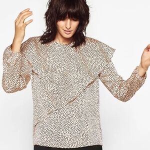 ZARA Nearly Pink Spotted Neutral Ruffle Detail Puff Long Sleeve Blouse Shirt XL